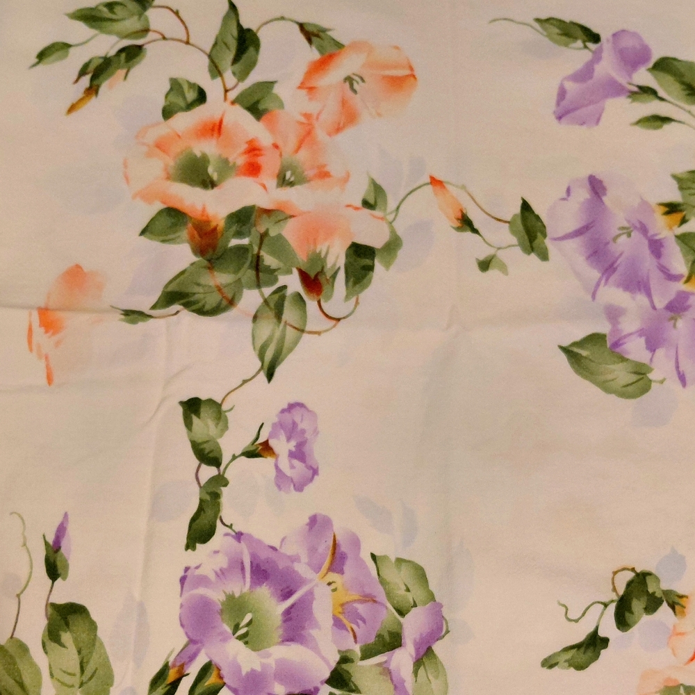 Tablecloth 48x56 1940s Floral Printed Salmon and Lavender Flowers w/sage green